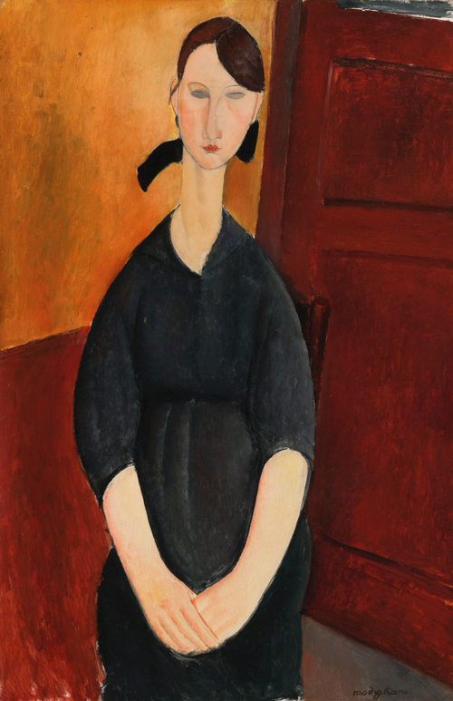 Portrait of Paulette Jourdain, ca. 1919 39.4 in x 25.7 in Paulette Jordain (1904-1997) was first the the housemaid, then assistant and eventually lover, of Modigliani's Polish dealer Léopold Zborowski. She posed for other artists as well, including Chaim Soutine and Moise Kisling. She had a child by Zborowski and took over his gallery after his premature death from a heart attack in 1932, continuing as gallerist until WWII.