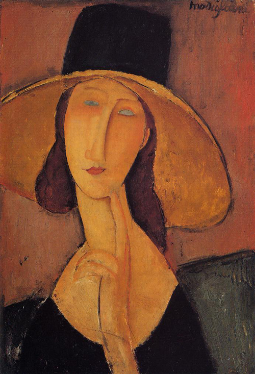 Amedeo Modigliani painting: Portrait of Jeanne Hebuterne in a Large Hat ca 1918, 
54 x 37.5 in